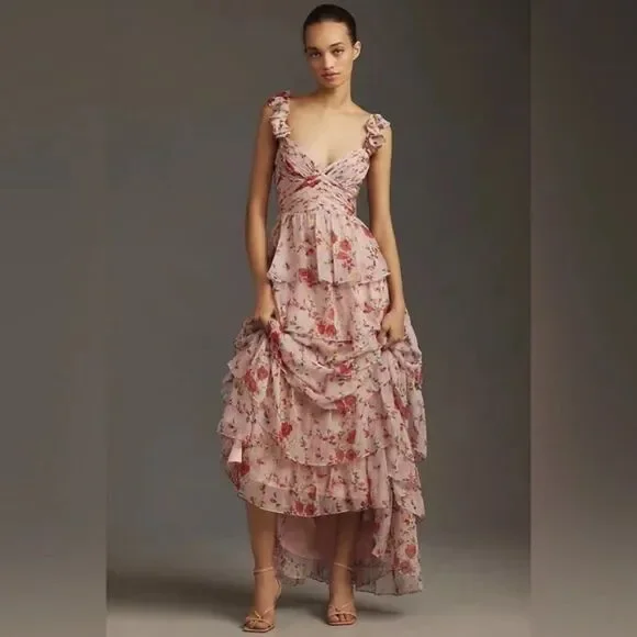 Mac Duggal 55816 Womens Pink Ruffled Sleeveless Draped Tiered Floral Print Gown - Picture 2 of 15